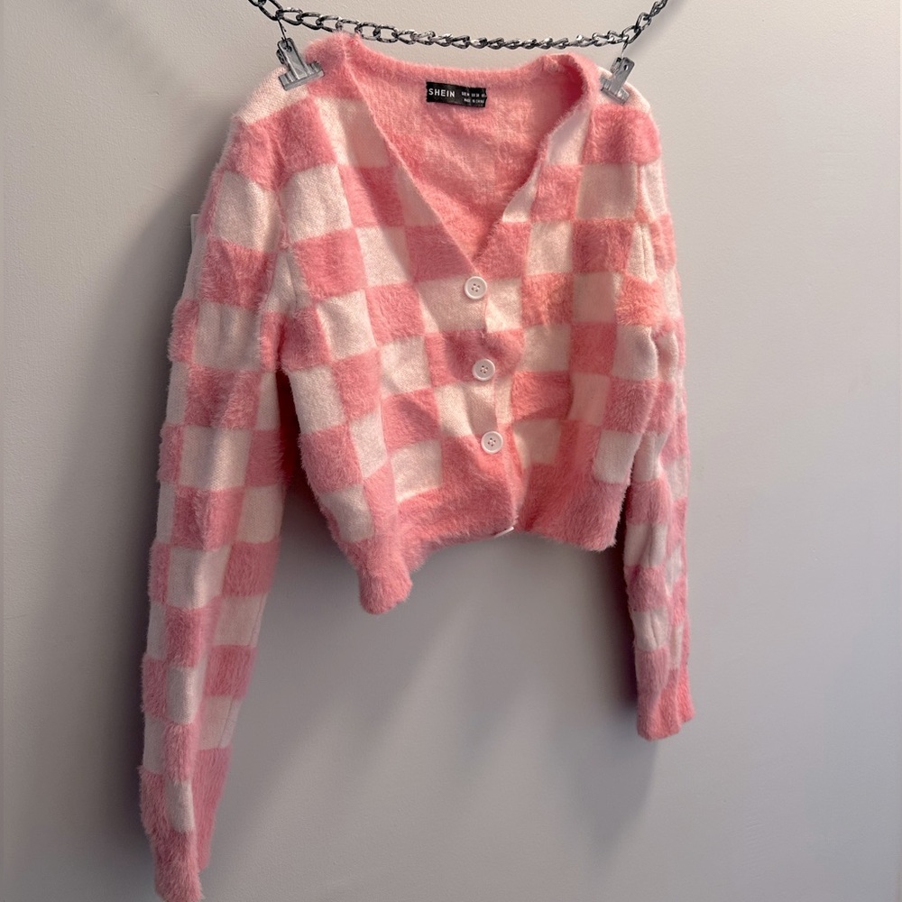 Pink and white cardigan fits small checkered checker print